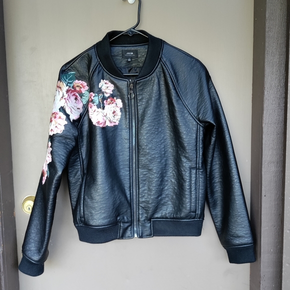 Joe's Collection Floral Embroidered Black Faux Leather Bomber Jacket - Picture 3 of 15